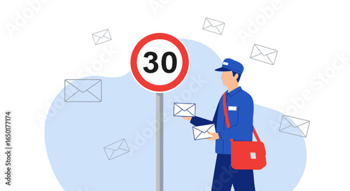Postal Delivering On Time Concept with Mailman Holding Letters near Speed Limit