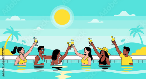 Poolside Party Friends Enjoying Refreshments On Sunny Vacation Getaway