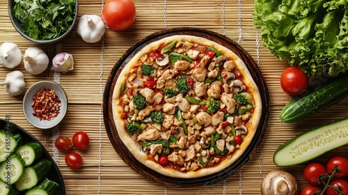 A loaded pizza with chicken, vegetables, and spices on a wooden board.