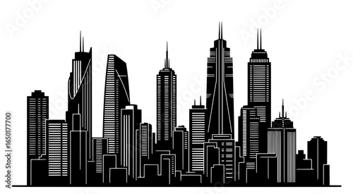 Vector style black and white city skyline, modern skyscrapers, minimalist outline design, no gradients, clean lines