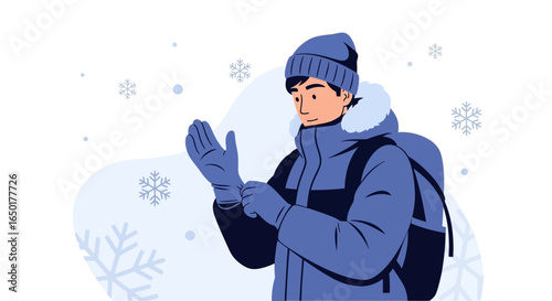Preparing For Winter Cold Season Man Puts On Gloves For Outdoor Activities