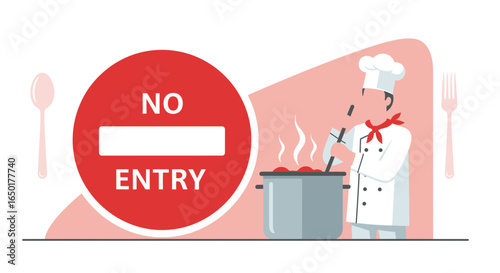 Private Kitchen Zone Chef Cooking Food Behind No Entry Sign Illustration