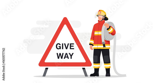 Professional Firefighter Stands By The Give Way Sign In Modern Vector Illustration