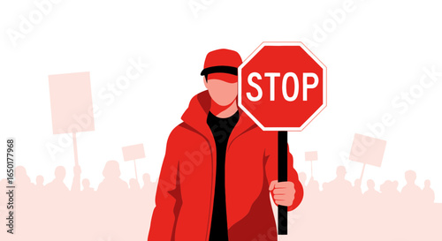 Protestor Holds Stop Sign During Demonstration Or Social Movement Action