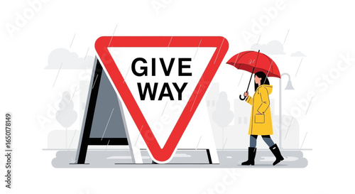 Rainy Day Stroll By Give Way Sign In Cityscape With Isolated Illustration