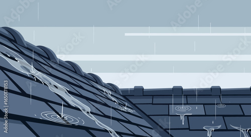 Rainy Day Scene With Water Cascading Down A Tiled Roof Illustration