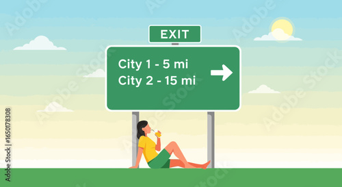 Refreshing Break Near Highway Direction Sign On a Summer Day Road Trip