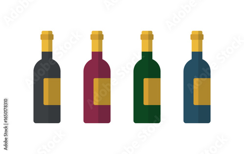 Wine bottle vector icons illustration. alcohol glass bottle icon set, liquor packaging design, beverage container collection, drink label template, flat style winery graphic for bar and restaurant use