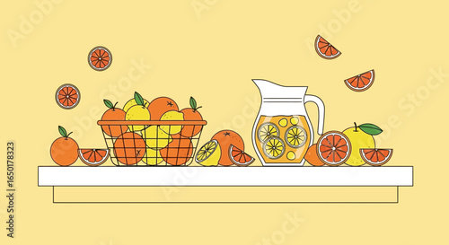 Refreshing Still Life with Citrus Fruits, Juices and Lemons on a Yellow Background