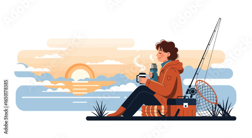 Relaxing Morning Fishing Trip With Coffee At Sunrise By The Lake