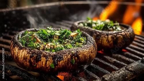 Grilled Stuffed Portobello Mushrooms Cooking on Barbecue Grill with Flames Flickering for a