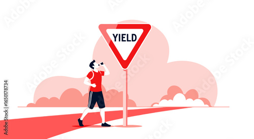 Road Safety Awareness Featuring a Runner Drinking By a Yield Sign Graphic