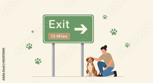 Road Trip Companion Man And Dog Resting Near Exit Sign Minimalist Style