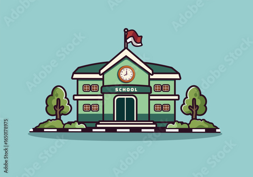 School Building Illustration with Flag