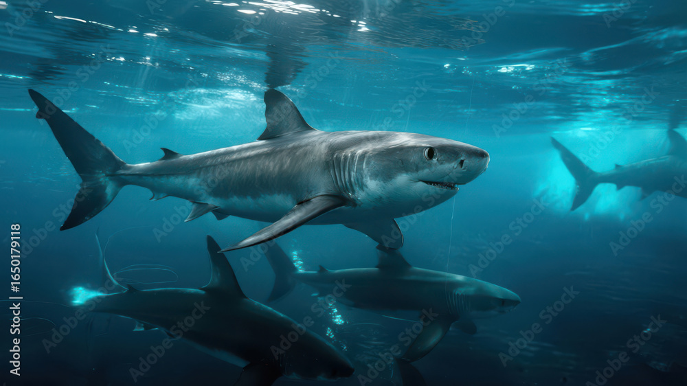 Naklejka premium Great White Sharks Swimming Underwater in a Group