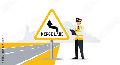 Roadway Merge Ahead Cautionary Notification With Safety Inspector Observation