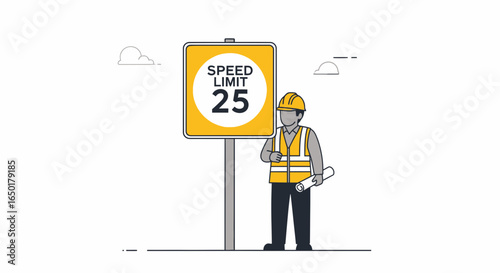 Roadwork Ahead Cautionary Measures Speed Limit Compliance Vector Illustration