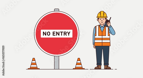 Roadwork Ahead With A Cautionary Sign And Communicating Construction Supervisor