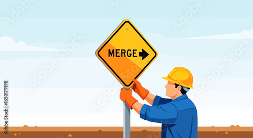 Roadwork Ahead Worker Places A Merge Sign On A Desert Road