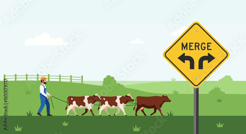 Rural Road Merge With Farmer Leading Livestock Across Green Pastures