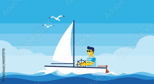 Sailing Adventure Illustration Man Navigating Yacht On Sea Water Summer Holiday