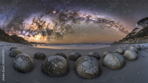Milky way above a beach with unique rock formations.
