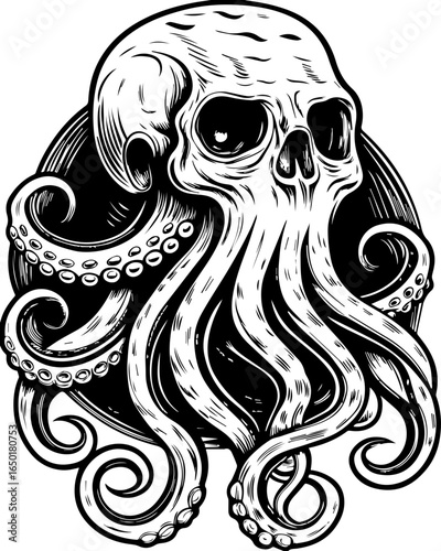 SVG of a skull animal in a dark fantasy Halloween theme. Graphic Octopus Skull Illustration in Black and White Contrast