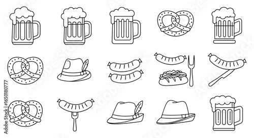 Celebrate Oktoberfest with these charming line art icons of beer mugs, pretzels, sausages, and traditional hats perfect for festive designs