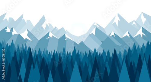 Imagine crisp mountain air with this stunning geometric mountain landscape illustration, perfect for travel ads, nature blogs, or outdoor adventure promotions