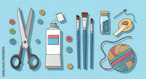 Creative craft supplies including scissors, paint brushes, yarn, buttons, and glue for DIY projects and artistic endeavors on a light blue background