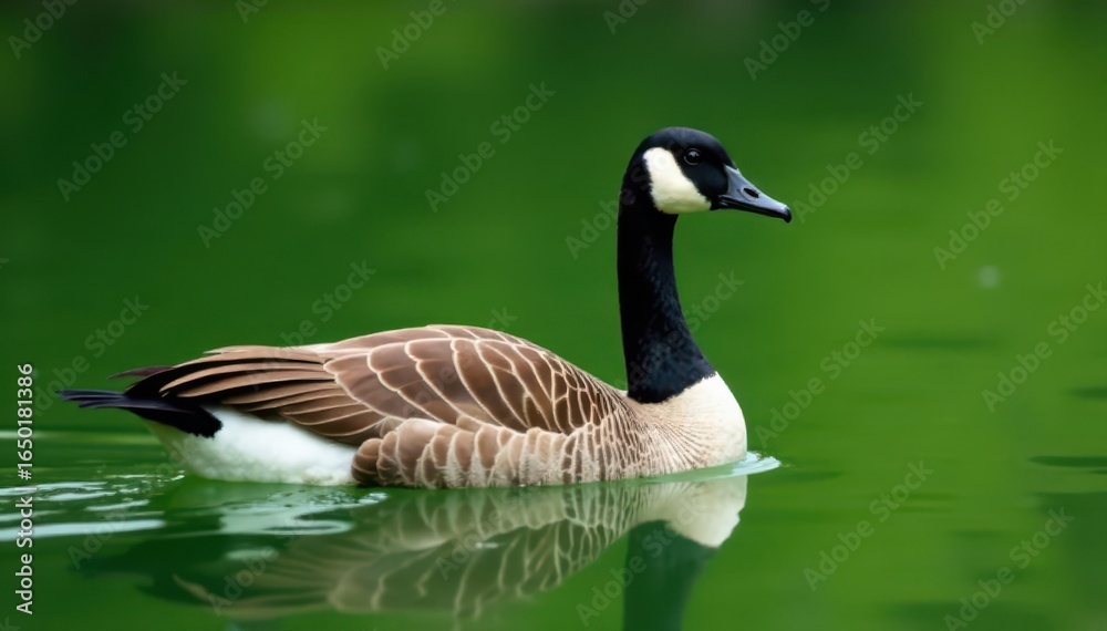 Fototapeta premium Majestic Canada goose afloat, green lake background, wild, nature background
