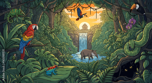 Vibrant jungle adventure awaits with exotic wildlife and ancient temple ruins at sunset, perfect for children's books and nature illustrations