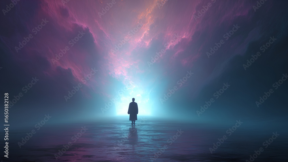 Obraz premium Man Walking Into Light Portal – Surreal Dreamscape Digital Art