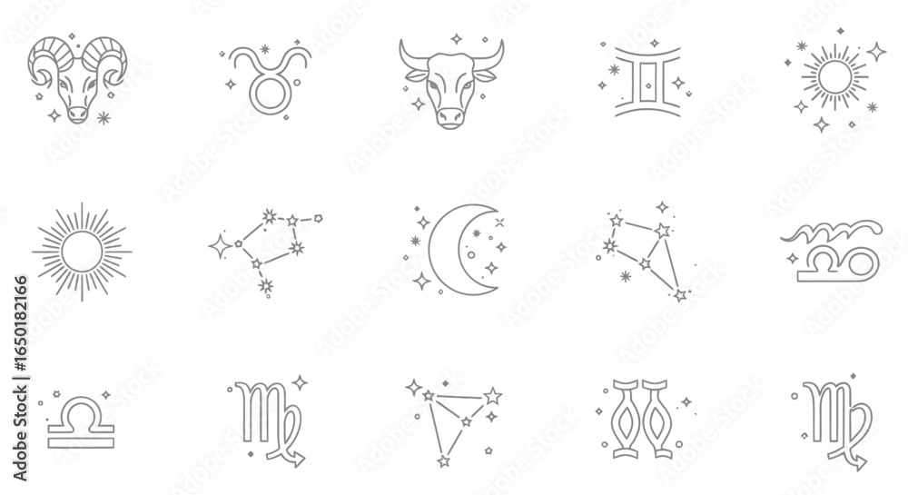 Fototapeta premium Explore mystic zodiac signs: Black & white astrology icons perfect for celestial designs, horoscopes, and magical branding projects, adding a cosmic touch