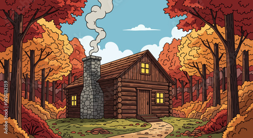 Cozy log cabin nestled in stunning autumn forest with vibrant fall foliage creating a peaceful escape for nature lovers and rustic living enthusiasts