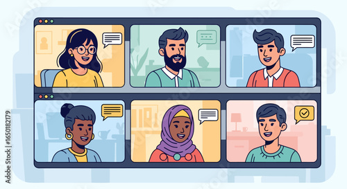 Diverse team connecting via video call for vibrant remote collaboration and successful online meeting in modern virtual workspace with engaging communication