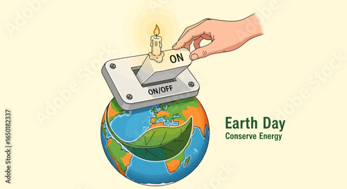 Celebrate Earth Day with energy conservation tips and a switch turning on the planet's future, symbolizing a commitment to a sustainable world
