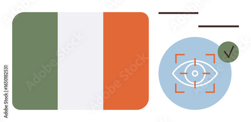 Irish flag alongside an eye icon within a scanning frame and a green check mark. Ideal for security, identity, Ireland, technology, authentication, privacy, verification themes. Simple flat metaphor