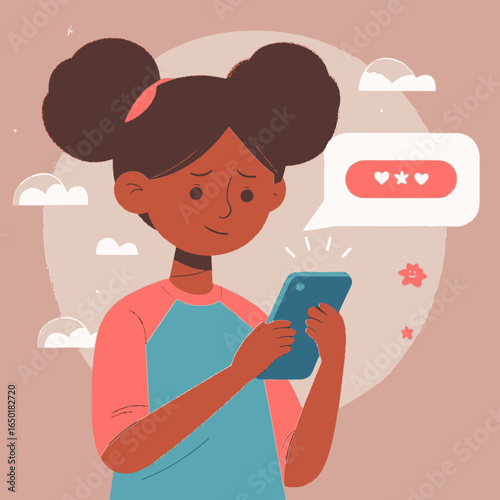 A smiling girl is giving a rating on her phone. This cartoon illustration can be used for websites or blogs about customer reviews, feedback, mobile apps, or positive user experience.

