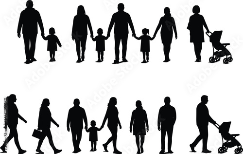 A set of flat vector silhouette illustrations depicting diverse family structures and individuals walking and pushing a stroller