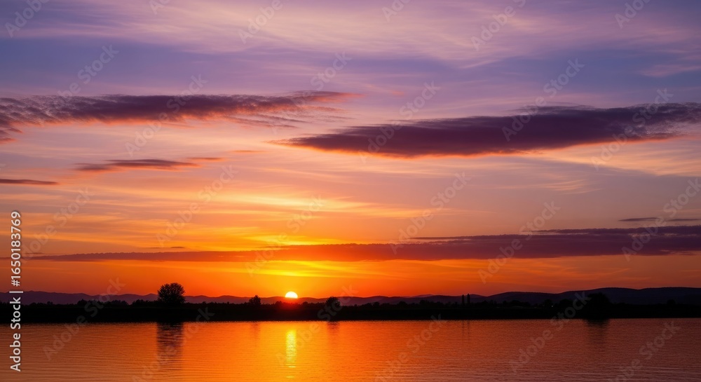 Obraz premium Fiery Sunset Over Calm Water with Purple Clouds orange