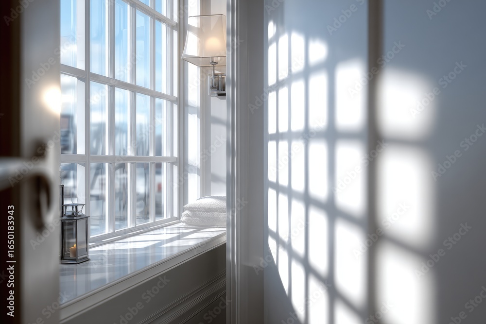 Obraz premium Sunlight streams through a large window in a light-filled hallway
