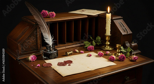 Photos Vintage writing desk quill ink candle roses letter stationery romantic aesthetic