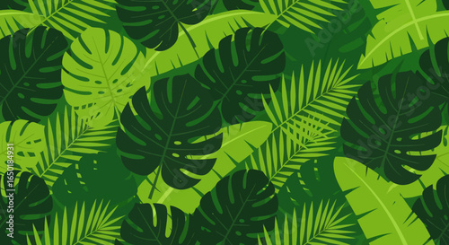 A lush, stylized pattern of overlapping tropical jungle leaves in various shades of green, featuring Monstera, palm, and banana fronds in a flat design.