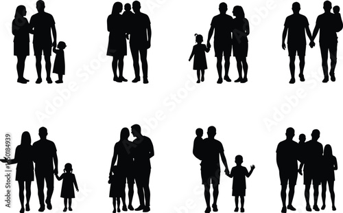 A beautiful collection of generational family silhouettes, showing happy parents with their children, celebrating togetherness, love, and relationships