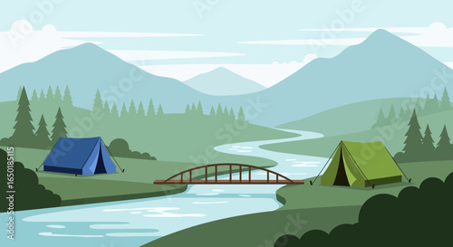 Scenic Camping Adventure Landscape with River Bridge and Mountain Backdrop