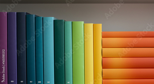 Colorful books on shelf rainbow gradient arrangement home decor book spines library