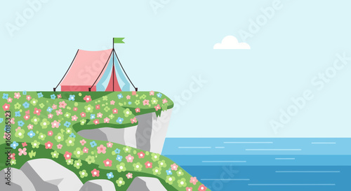 Scenic Camping Spot on Flower Covered Cliff Overlooking The Ocean Scenery