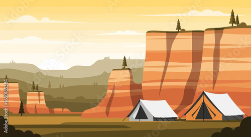 Scenic campsite illustration with tents, towering cliffs and warm color scheme perfect for outdoor adventure promotional graphics