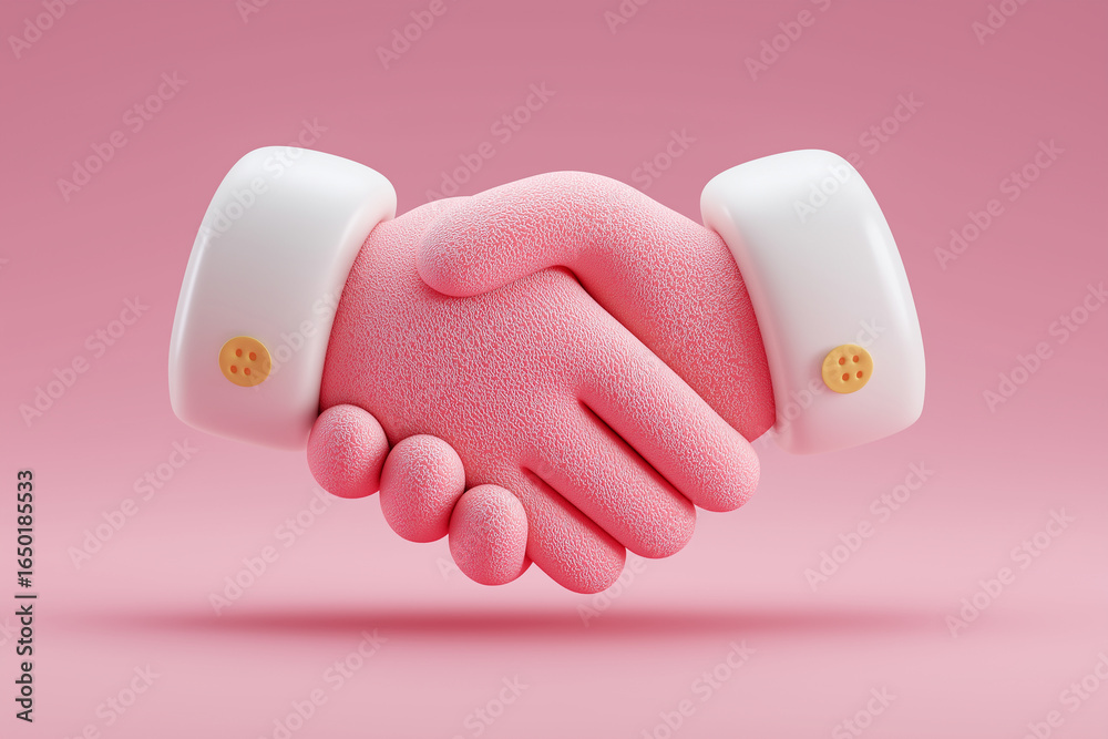 Obraz premium Soft pink handshake icon with smooth matte skin texture and white cuffs on pink background, symbolizing friendly agreement